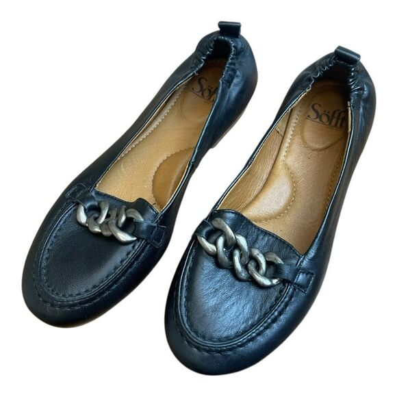 New Sofft Kadyn Black Leather Loafers Silver Chain Size 9 Classic Preppy Office - Picture 6 of 8